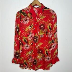 Equipment Femme 100% Silk Sheer Red Floral Button Down Blouse Size M